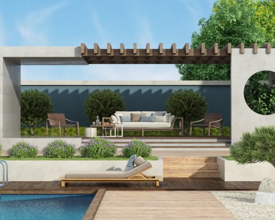 Luxury garden with concrete gazebo, outdoor furniture and poolside chaise lounge - 3d rendering